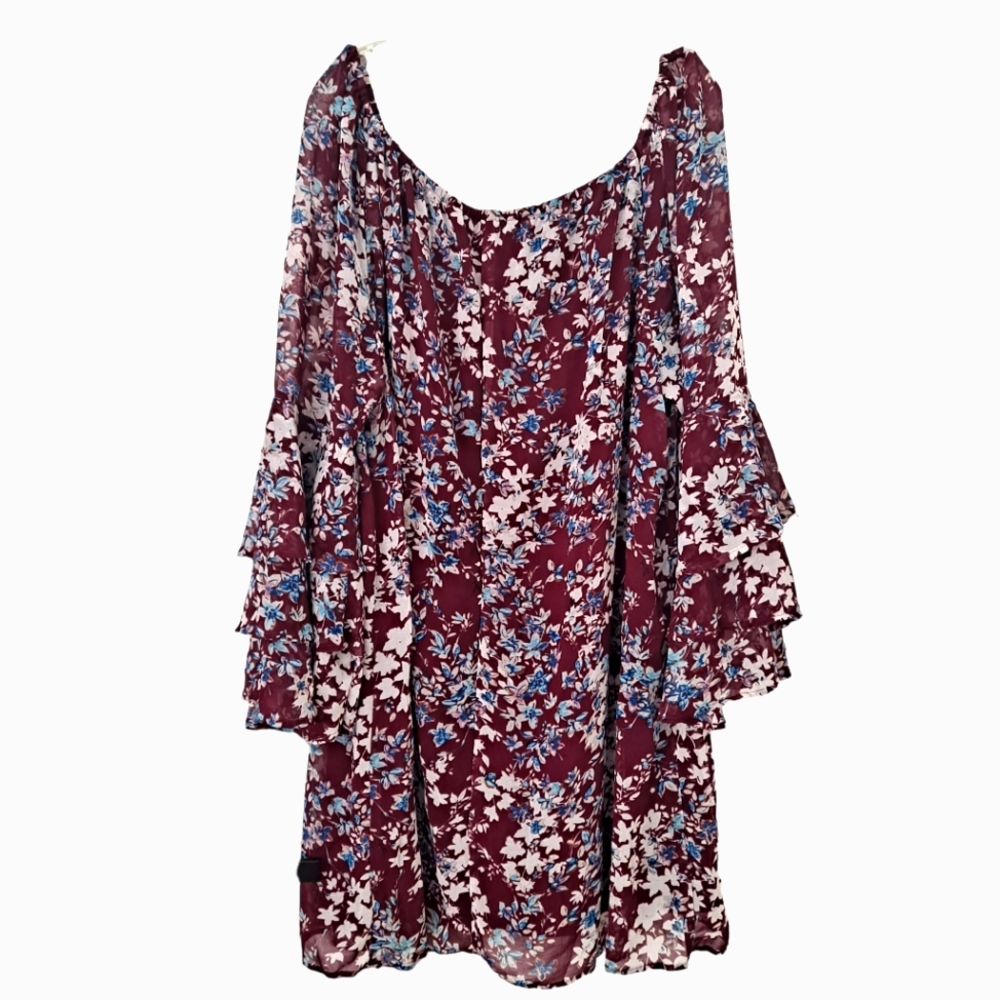As U Wish Romantic Burgundy Floral Print Flared Bell Sleeve Boho Top sz3X